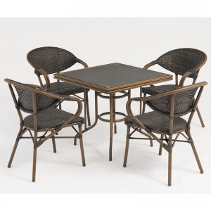 Conjunto de muebles de mesa de ratán de aluminio con imitación de grano de bambú y vidrio templado