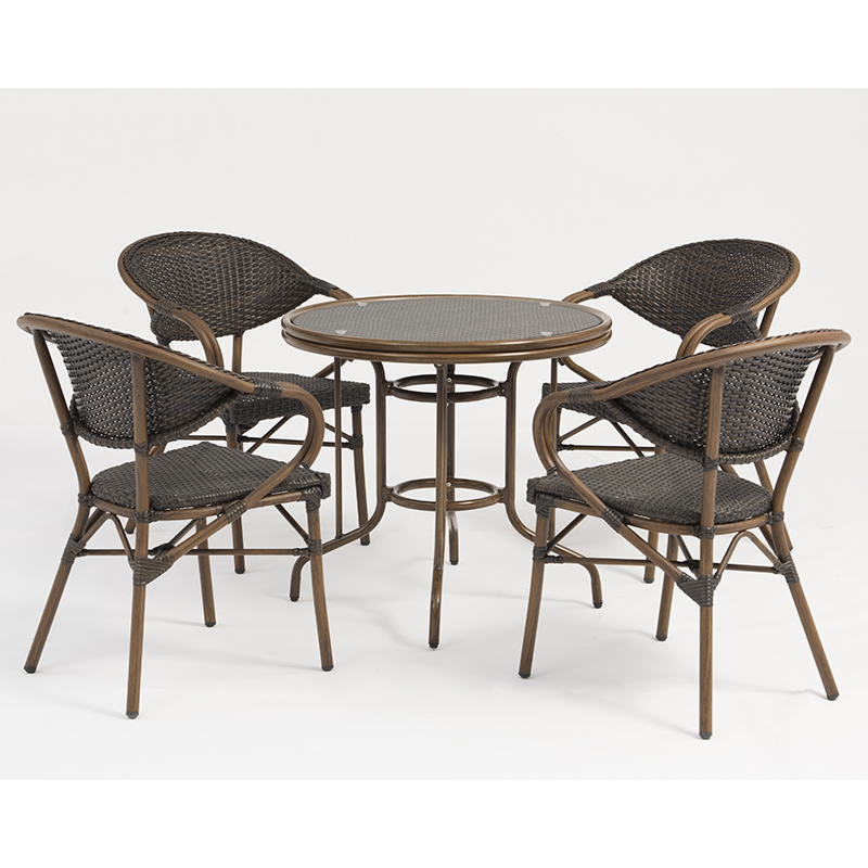 Conjunto de muebles de mesa redonda de ratán de aluminio con imitación de grano de bambú y vidrio templado